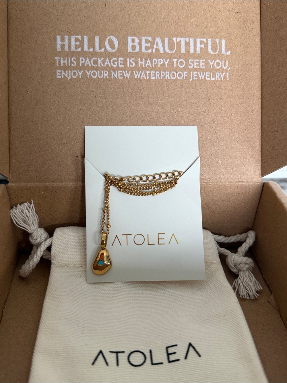 ATOLEA 18K Gold Tear Drop Pendant Necklace with Turquoise Accent